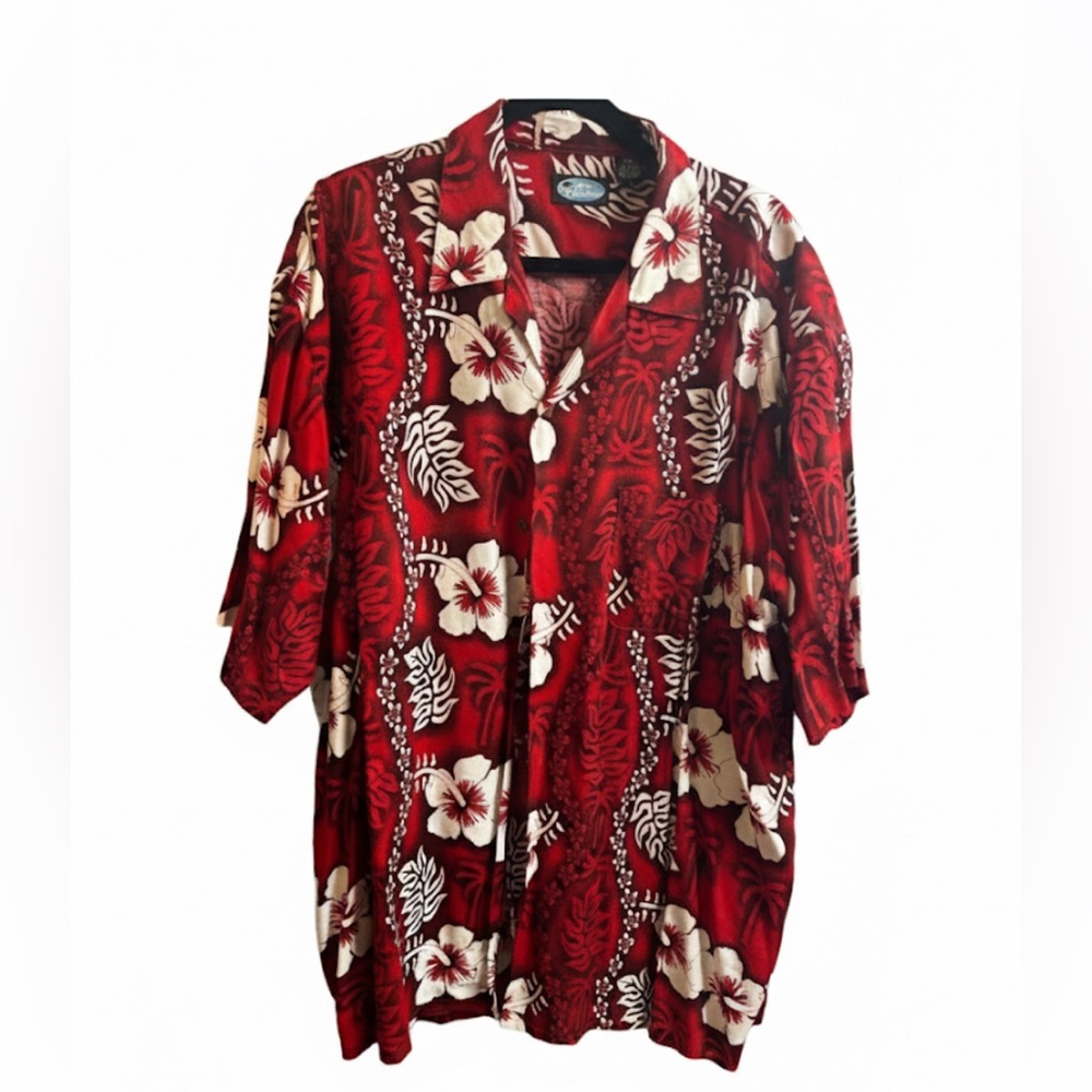 Blue Sky Red and White Floral Casual Button Down Shirt